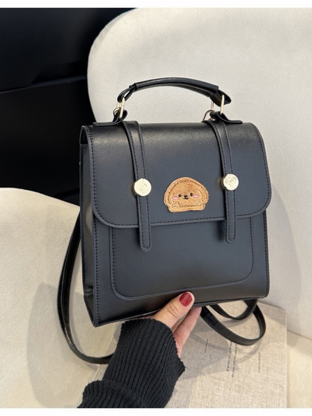 Classic Black Top-Handle Crossbody Bag with Cute Patch